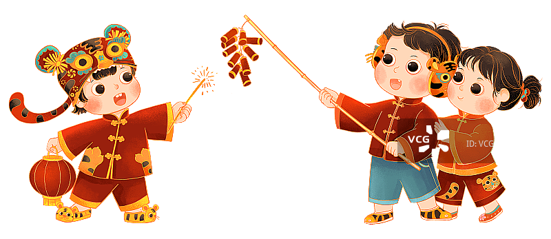 戴虎头帽提灯笼男孩女孩放鞭炮国潮插画图片素材