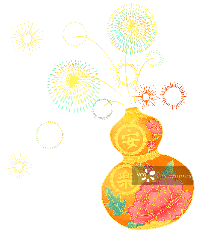 放烟花的牡丹花纹金葫芦国潮插画图片素材