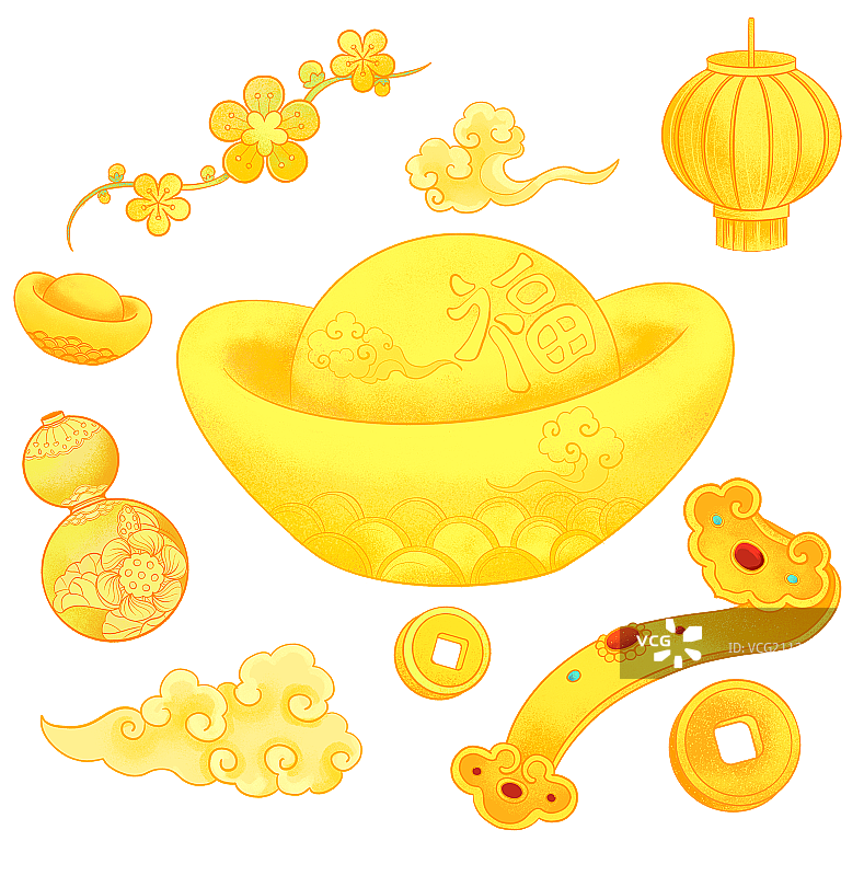 金元宝灯笼葫芦金如意铜钱国潮插画图片素材