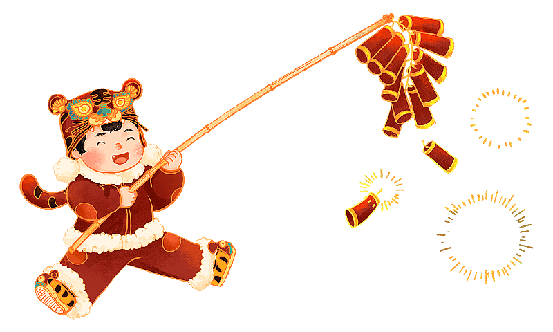 新年带着虎头帽放鞭炮的男孩国朝插画图片素材