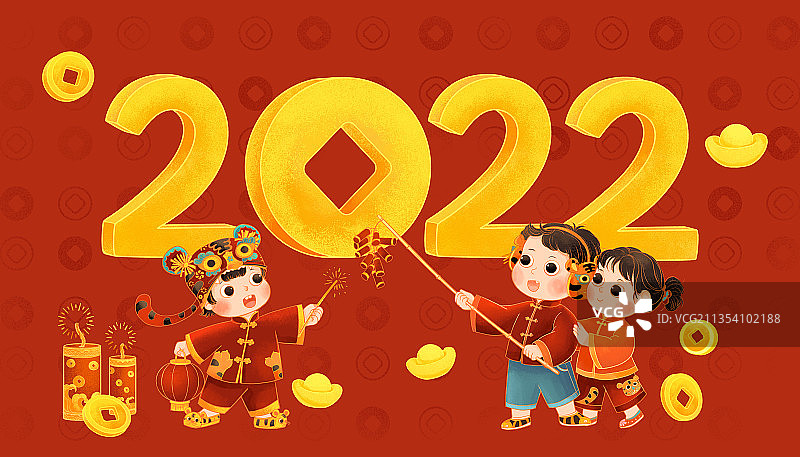2022虎年儿童放鞭炮庆祝新年国潮插画图片素材