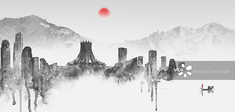 中国风水墨城市建筑南宁图片素材
