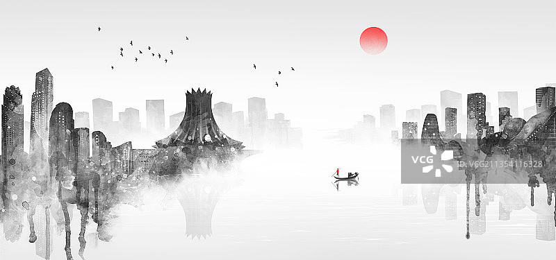 中国风水墨城市建筑南宁图片素材