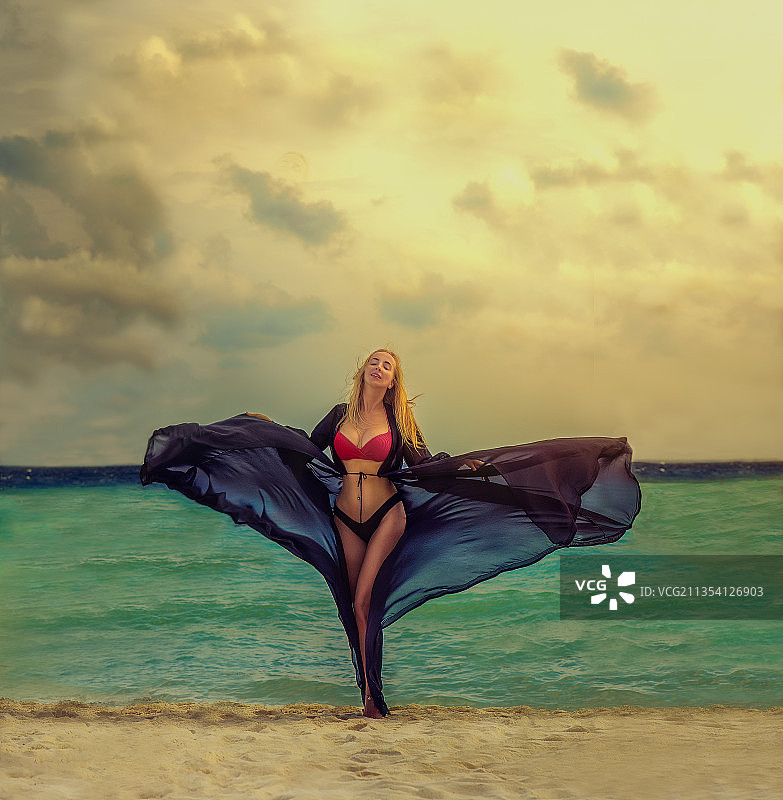 身穿泳装的女人站在海滩边，以天空为背景图片素材