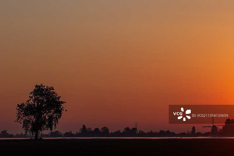 橙色天空下的田野树木轮廓图片素材