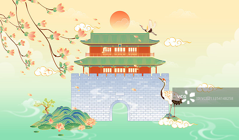 河北石家庄正定古城南城门建筑矢量插画图片素材