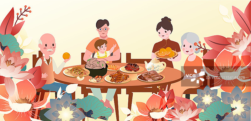 春节除夕新中式团圆年夜饭矢量横版无字图片素材