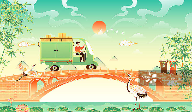 开着快递车送货的快递员矢量插画图片素材