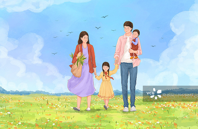 春天一家人踏青小清新插画2图片素材