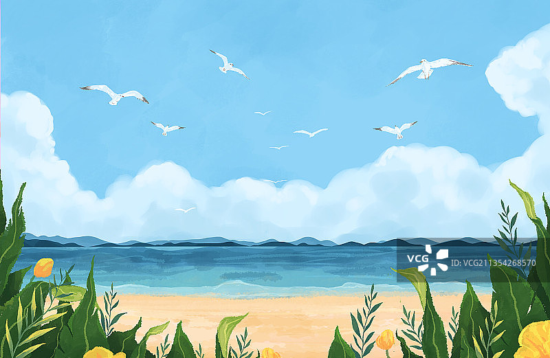 蓝色海洋海滩背景插画图片素材