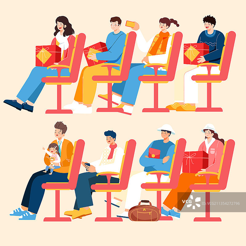 卡通虎年春节新年春运传统节日送礼亲子家庭中国风国潮矢量插画图片素材