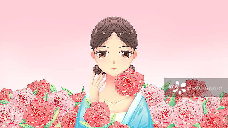 玫瑰花海中的少女粉色卡通插画图片素材