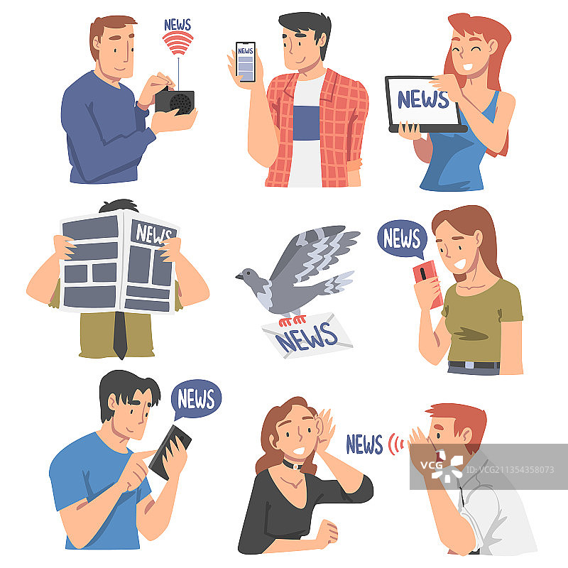 人物角色用智能手机收集新闻图片素材