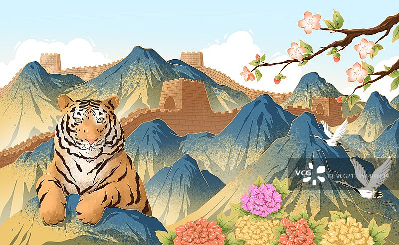 老虎长城风景插画图片素材