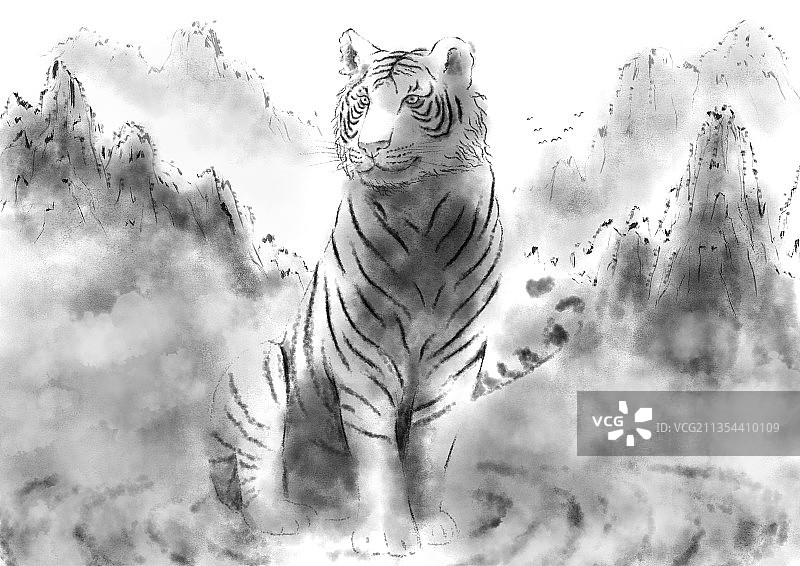 老虎在山水中图片素材