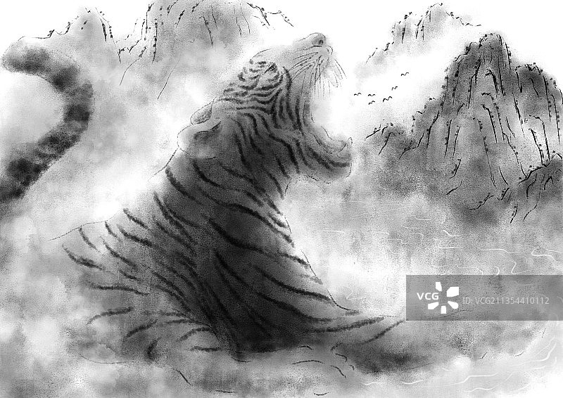 老虎在山水中图片素材