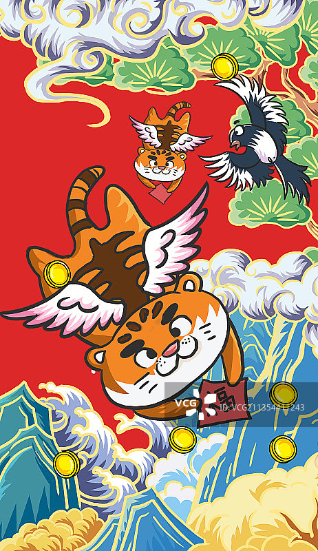 国潮风2022年虎年可爱萌趣小老虎闹新春春节中国风过年插画图片素材