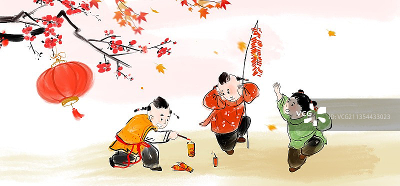 水墨中国画过年放鞭炮的人图片素材