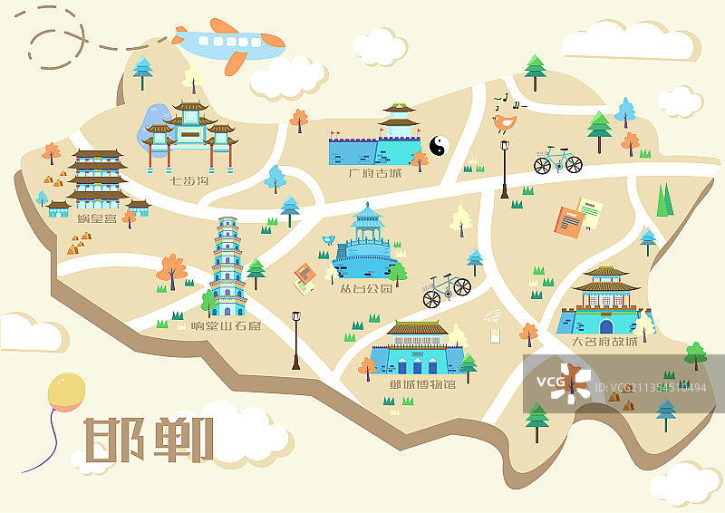 邯郸景点地图矢量插画图片素材