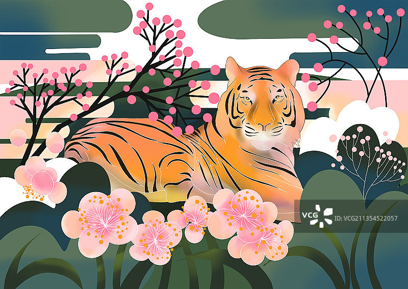 虎年日历——一月份梅花与卧虎图片素材