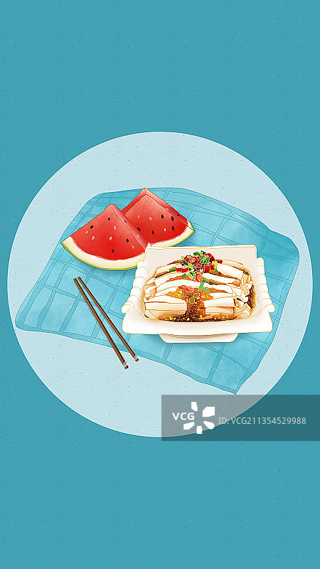 夏季习俗之吃凉粉和西瓜解暑图片素材