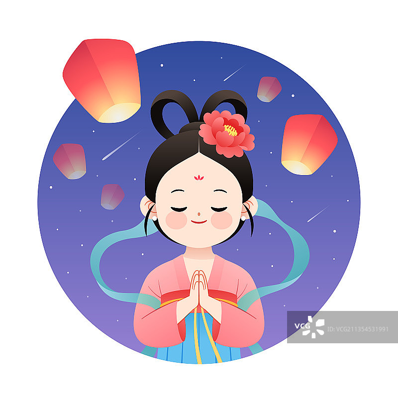 一个双手合十的汉服女孩和天灯等插画图片素材