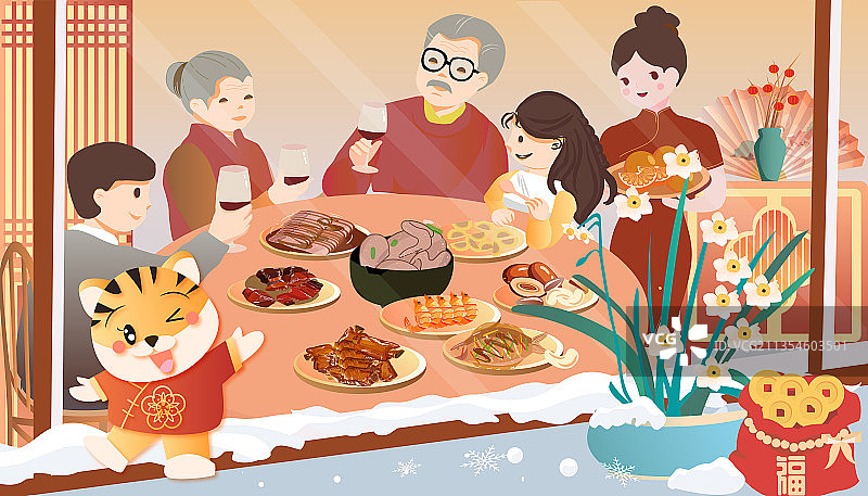 春节除夕全家团圆年夜饭矢量插画图片素材