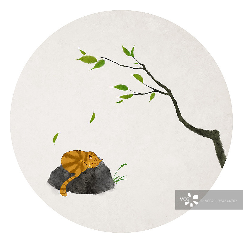 猫睡觉中国风圆形插画图片素材