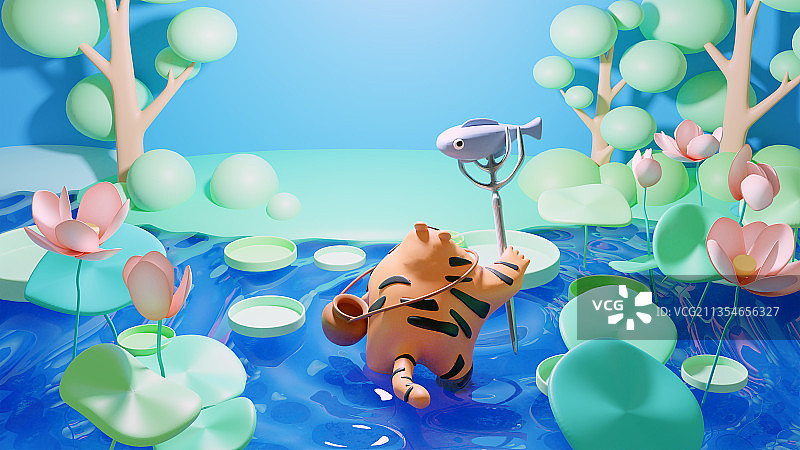 小溪里叉鱼的老虎图片素材