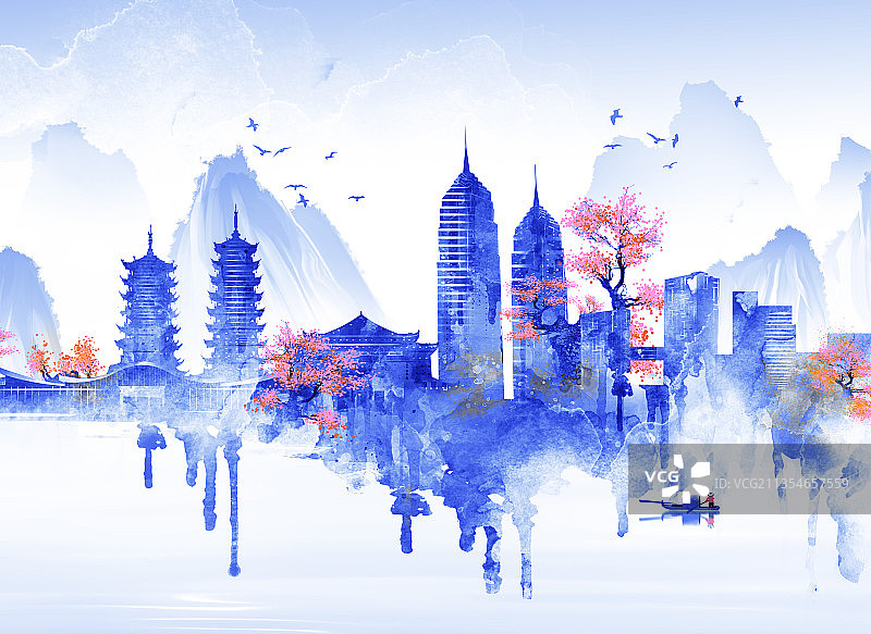 中国风水墨建筑插画桂林图片素材