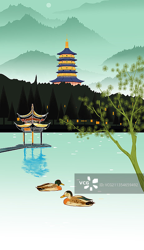 中国风新中式中国画青绿山水画浙江杭州西湖雷峰塔风景区插画图片素材