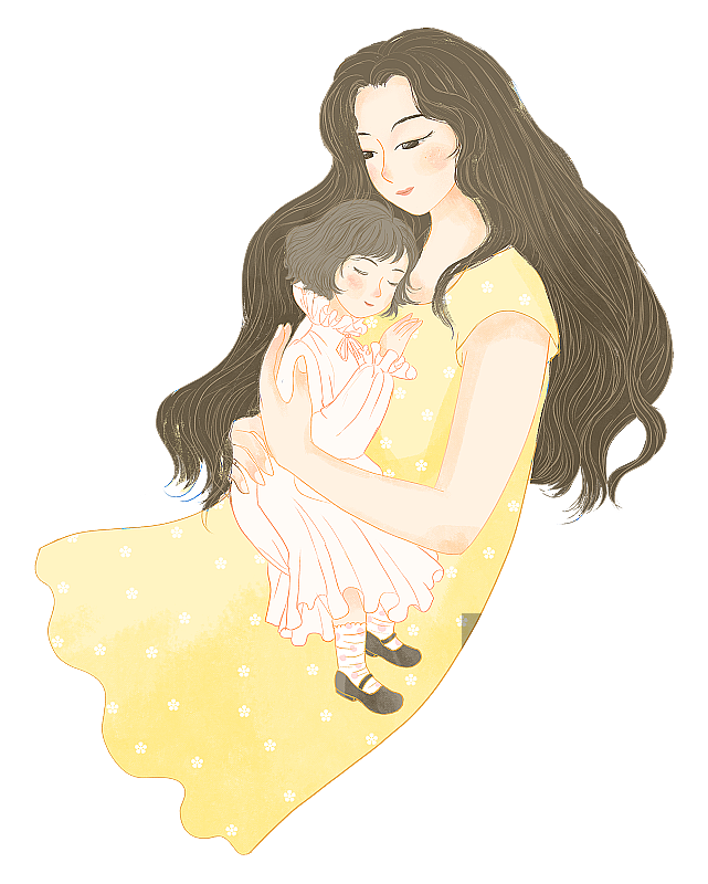 母亲节怀抱女儿的母亲手绘插画图片素材