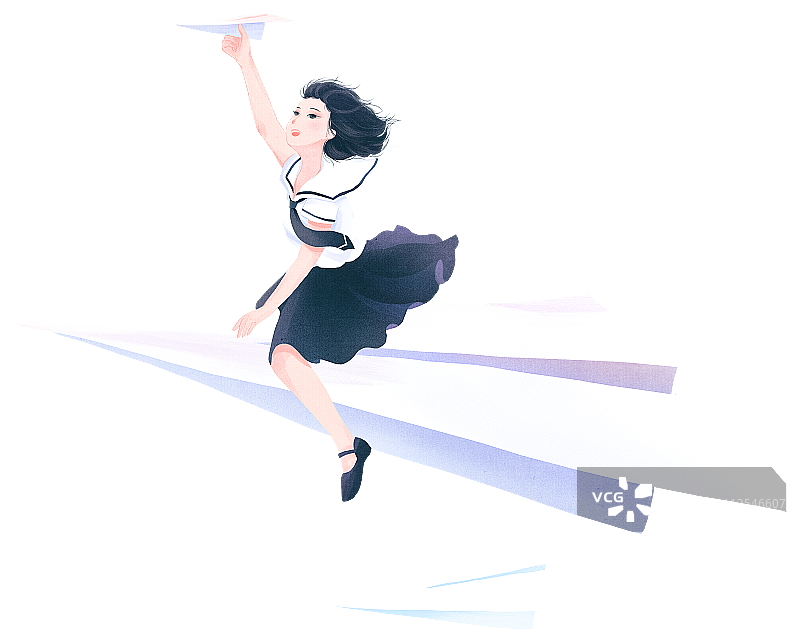 坐在纸飞机上追逐梦想的少女插画图片素材