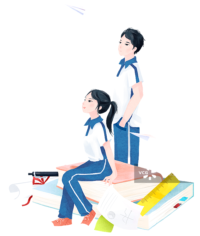 穿校服的少年少女与书籍插画图片素材