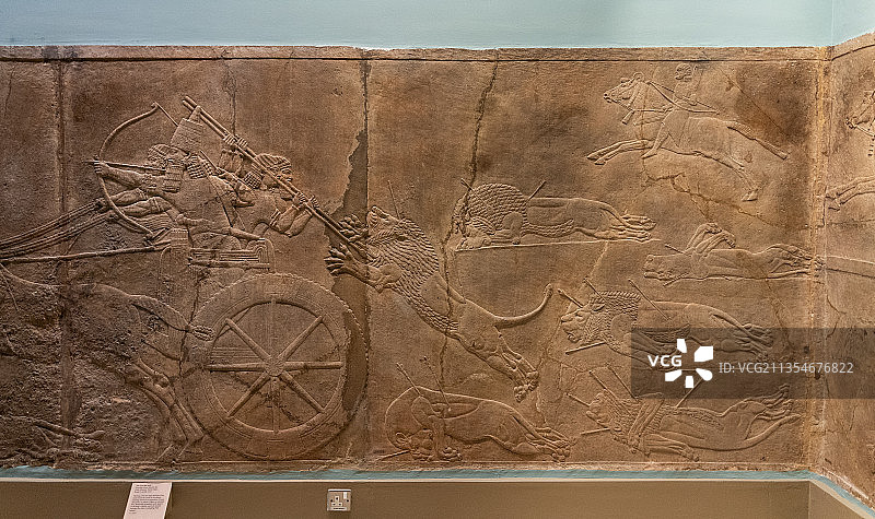 大英博物馆亚述巴尼拔猎狮浮雕图片素材