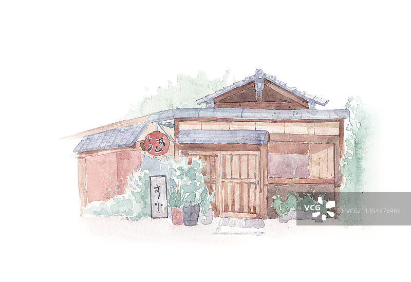 水彩手绘街道店铺咖啡厅风景插画图片素材