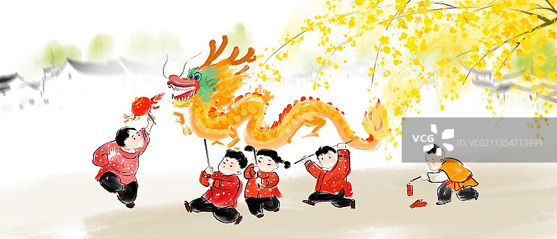 春节儿童插画中国风水墨画图片素材