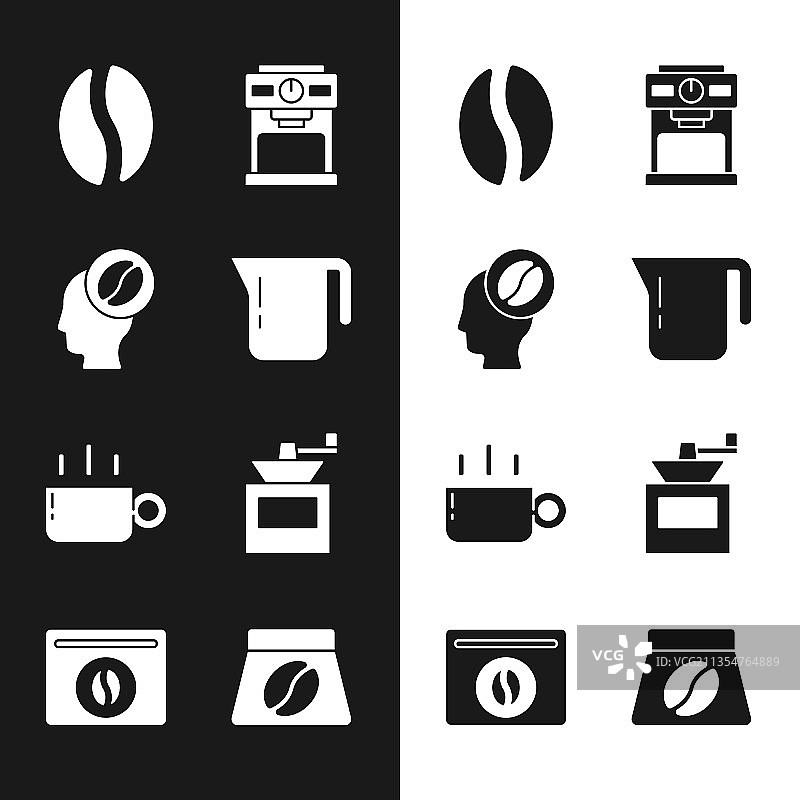 咖啡壶、咖啡师、咖啡豆、咖啡机和咖啡杯图标合集图片素材