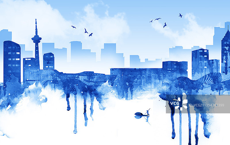 中国风水墨城市建筑插画南通图片素材