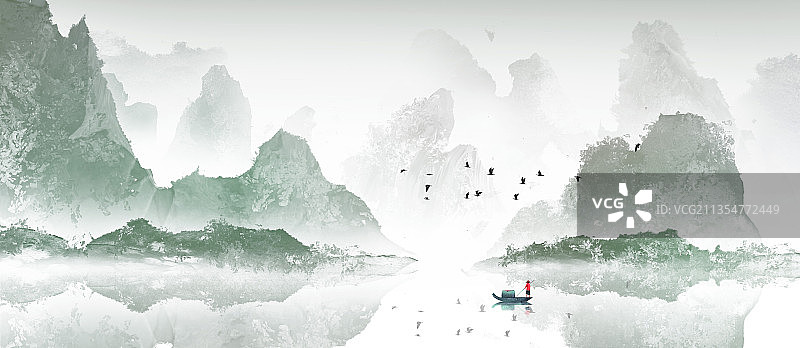 中国风蓝色意境山水画图片素材