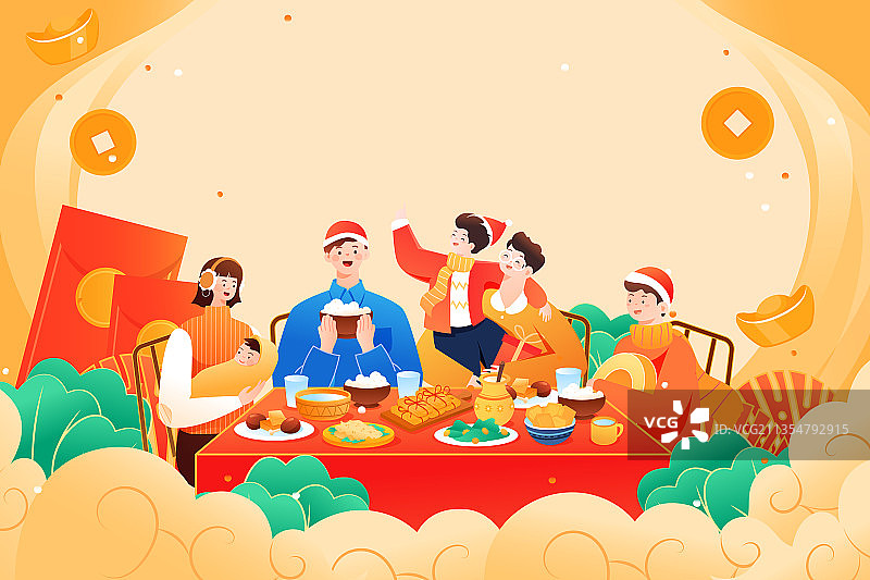 卡通虎年春节新年红包家人家庭亲子美食团圆饭中国风国潮矢量插画图片素材