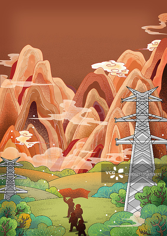 特高压大山里的电塔西电东送村村通电惠民工程图片素材