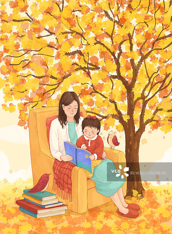一起看书的母女亲子插画竖版图片素材
