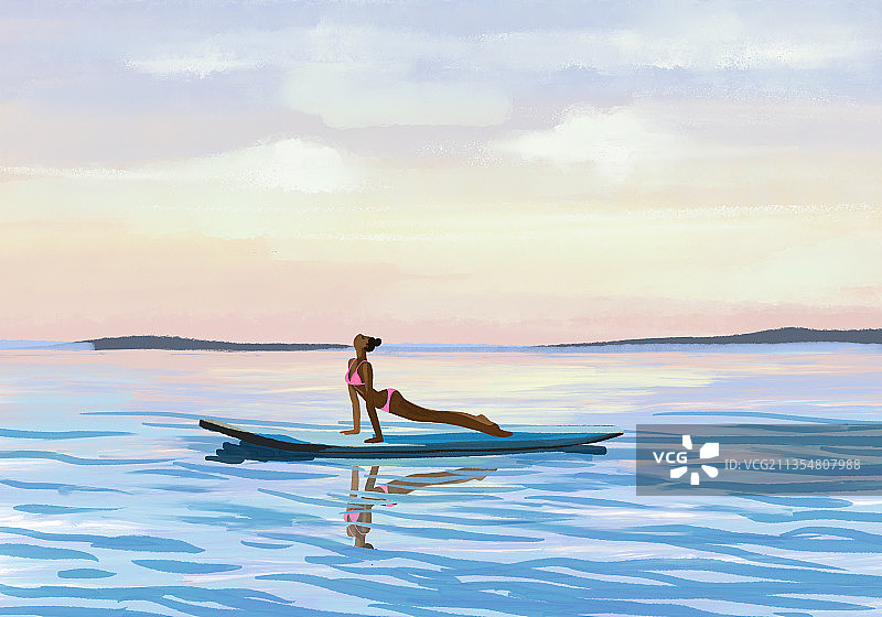 瑜伽、运动、女人、单人、爱好、生活方式、风景、海、冲浪板、日落图片素材