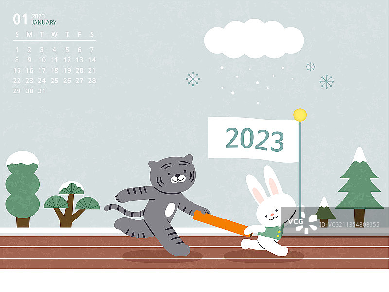 日历，老虎，虎年，2023年，黑虎，兔子，八筒，一月，新年，兔年图片素材