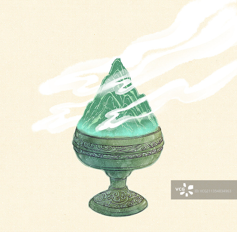 新中式微景观水墨山水静物盆景插画图片素材