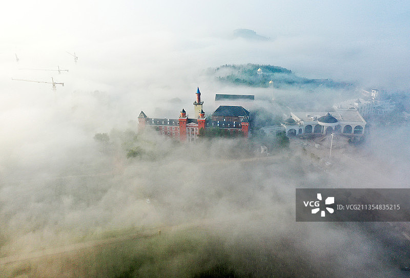 平流雾笼罩下的山东枣庄山亭区汉诺葡萄庄园美景图片素材