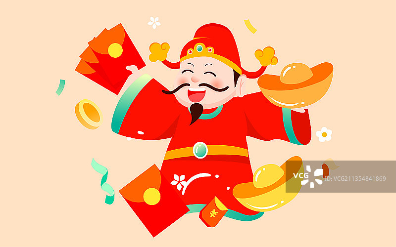 春节新年迎财神插画虎年财神爷新春活动海报图片素材