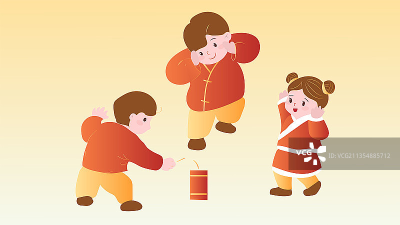 放鞭炮的三个小孩子矢量插画图片素材