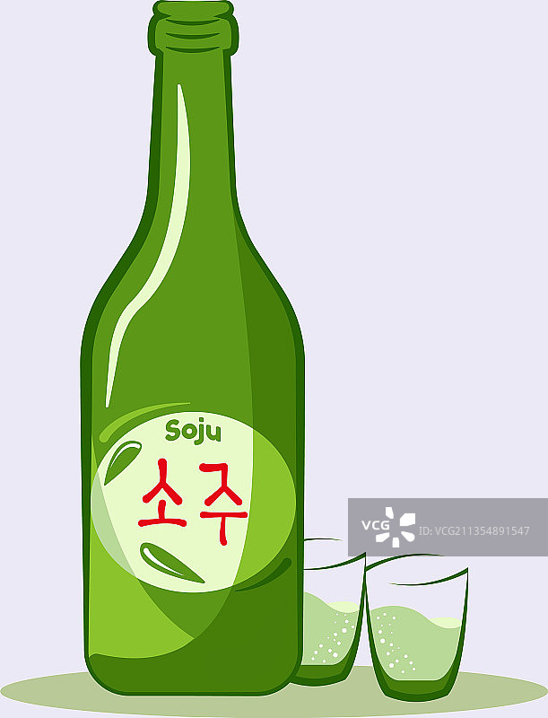 韩国烧酒与绿色瓶子和杯子图标图片素材